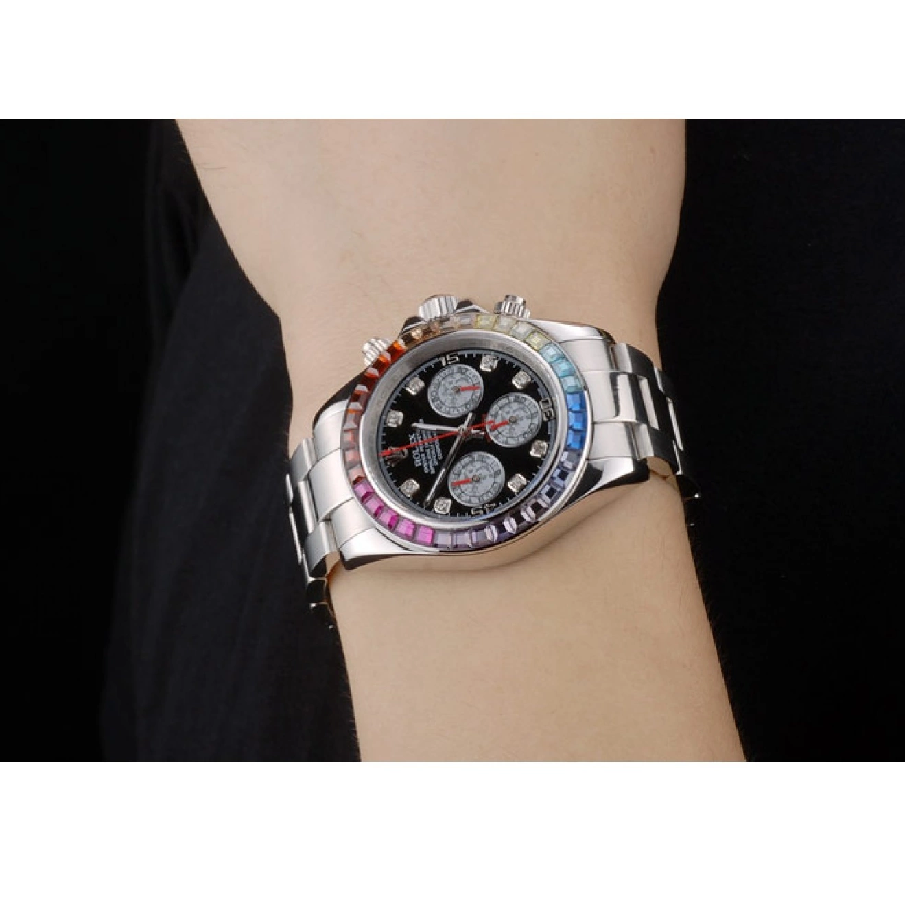 MiroTime 0709 Rolex Daytona Cosmograph Rainbow Crystals Bezel Stainless Steep Strap Black Dial 80250